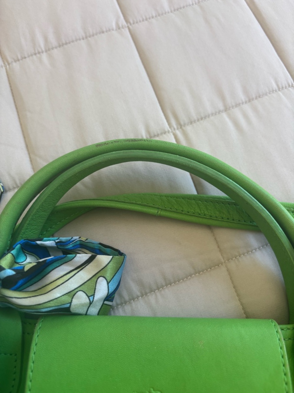 Longchamp Lime Green Leather Satchel with a Longchamp Decorative Scarf - Picture 7 of 10